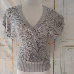 Takeout see through crochet knit puff short sleeve v neck sweater top/XS/silver